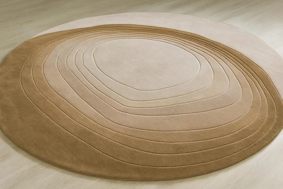 Round Wool Rug Handmade 8x8 Modern Layered Pattern Carpet Living Room Bedroom - Image 4 of 4