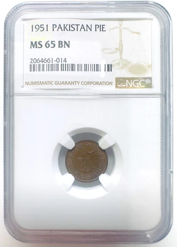 1951 Pakistan 1 Pice - NGC MS 65 BN Bronze (97% Copper, 2.5% Zinc, 0.5% Tin)