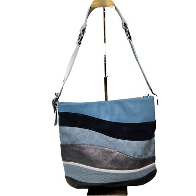 バッグ Coach Hobo Bag Signature Blue Coach Vintage Signature Wave Duffle Patchwork Hobo Bag – Blue