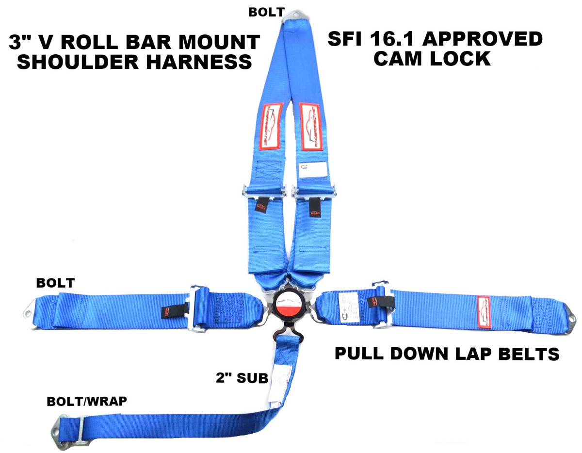 SFI 16.1 ROLL BAR MOUNT 5 POINT RACE HARNESS BLUE V ROLL BAR MOUNT