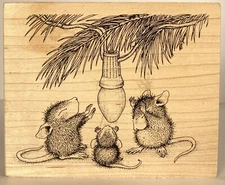 House Mouse WARM TREE LIGHT #302 Stampa Rosa Vintage Rubber Stamp Christmas Mice