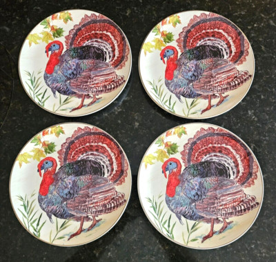 Set of 4 Thanksgiving Turkey Fall Salad-Dessert-Snack Plates 8.5''  NEW! 