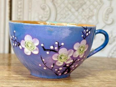 Lusterware Teacup Blue & Peach with White Flowers RS Rising Sun Vintage