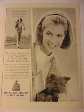 1964 HI-FI FLUID MAKE-UP MAX FACTOR Pretty Lady Cute Dog  vintage art print ad