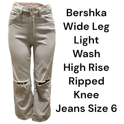 Bershka Wide Leg Light Wash High Rise Ripped Knee Women's Jeans Size 6 EUR 38