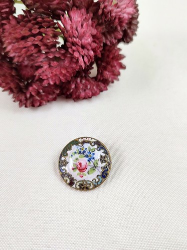 "Antico Vintage Smalto Rotondo Bottone Rosa Blu Cerchio Pergamena Bordo Fiori 13/16" - Foto 5 di 5