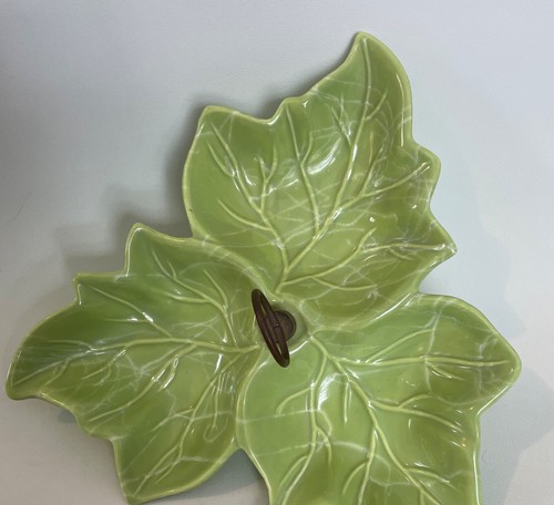 Vintage Pottery USA 3 Section Leaf Serving Dish with Brass Handle - Picture 7 of 7