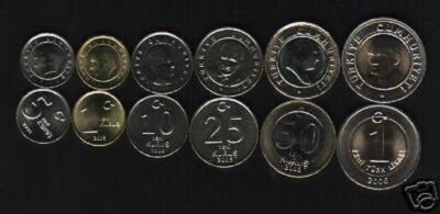 TURKEY 1 5 10 25 50 KURUS 1 LIRA NEW 2005-2006 BI METAL UNC 6v COIN COMPLETE SET