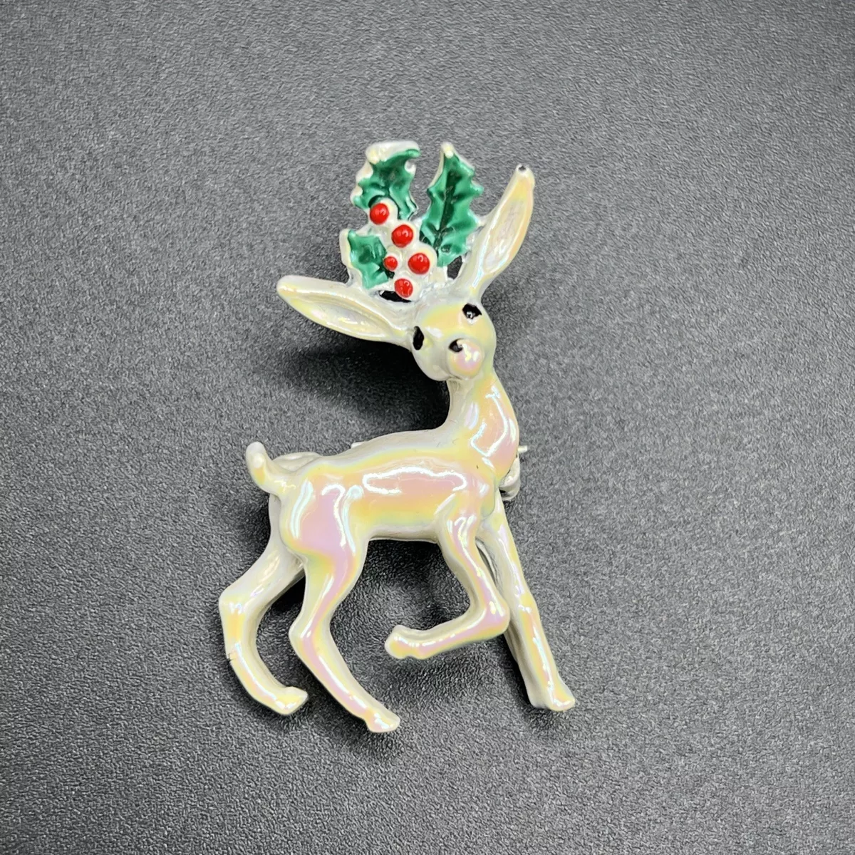 Vintage Gerry s Mini Reindeer White Iridescent Enamel Holly