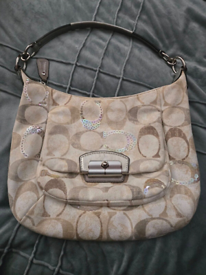 Coach Kristin Signature Hobo White Silver Grey Sequins Bag Purse