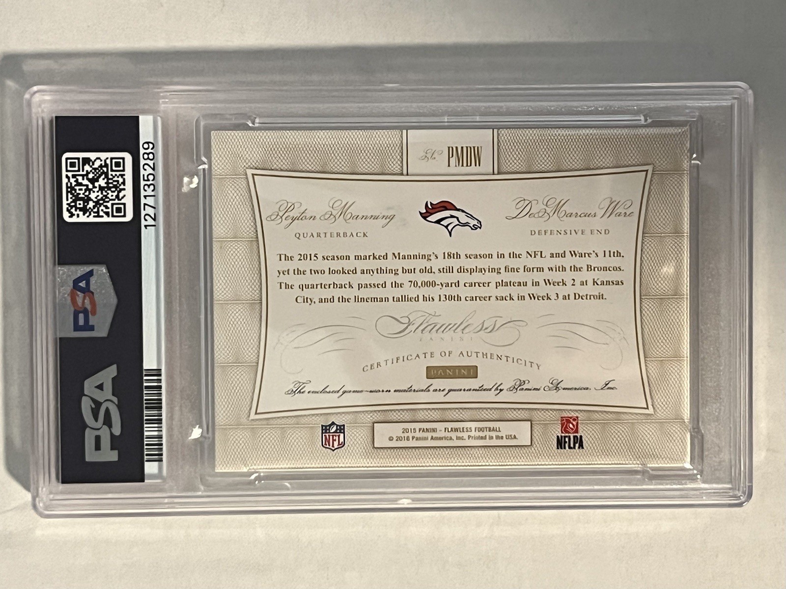2015 Flawless Peyton Manning DeMarcus Ware Game Worn Patch /20 PSA 8 POP 1 view 2