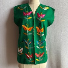 Vintage Green Wool Felt Hand Embroidered Mexican Folk Vest with Pockets