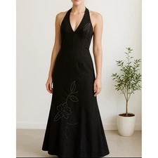 Morgan Co Black Halter Neck Maxi Dress Beaded Floral Mermaid Gown