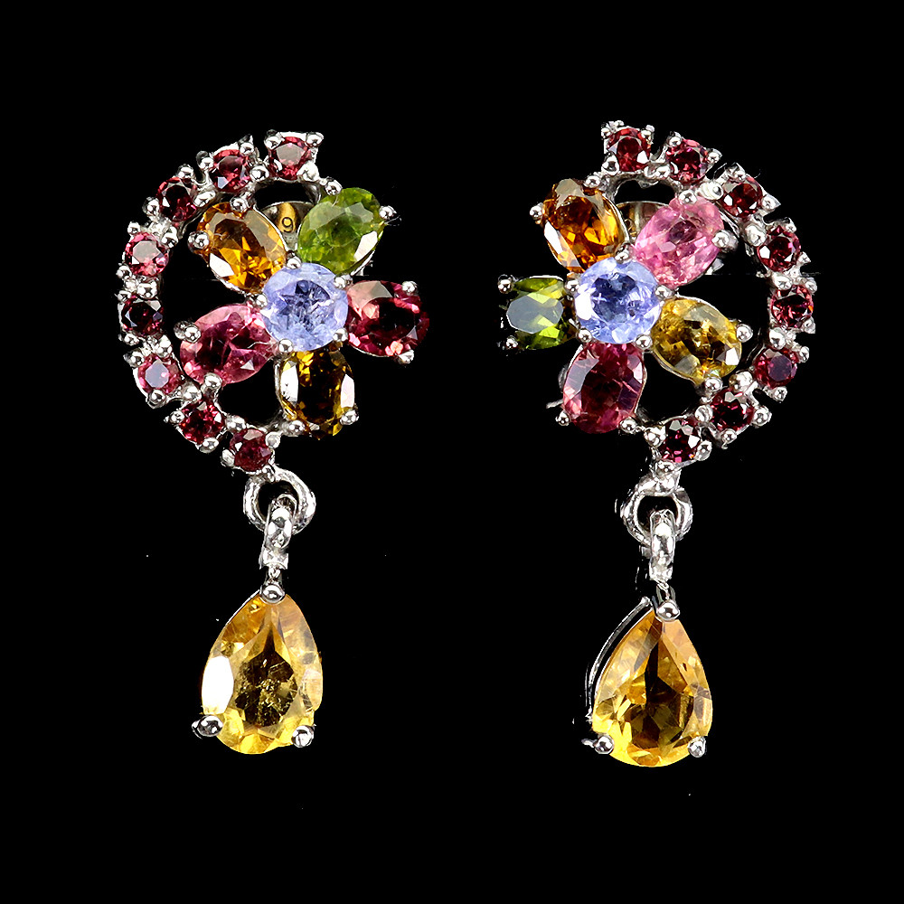 925 Sterling Silver Earrings with Pear Citrine Tanzanite & Tourmaline Gemstones