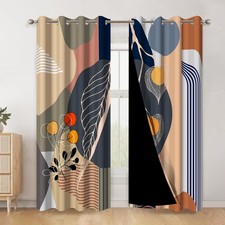 Boho Blackout Curtains Abstract Leaves Plants Geometric Pattern Mid Century M...