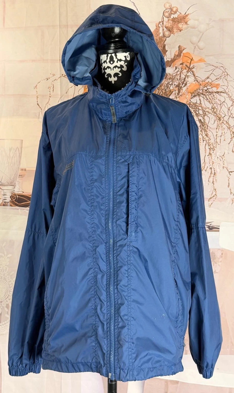 Columbia Men’s Blue Nylon Rain Windbreaker Full Zipper Hooded Packable Jacket L