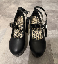 Women  s Black Leather Mary Jane Wedge Heels Buckle Adjustable Ankle Strap