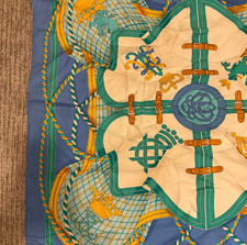 Herm s Paris Silk Scarf Blue Teal Gold Equestrian Heraldic Carr 35" Vintage