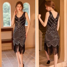 1920s Flapper Dress Costume in Black and Gold Embroidered w/ Sequins Women's XL