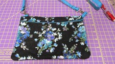 Handmade Cotton Cross Body Purse removeable strap Black w/ blue flowers