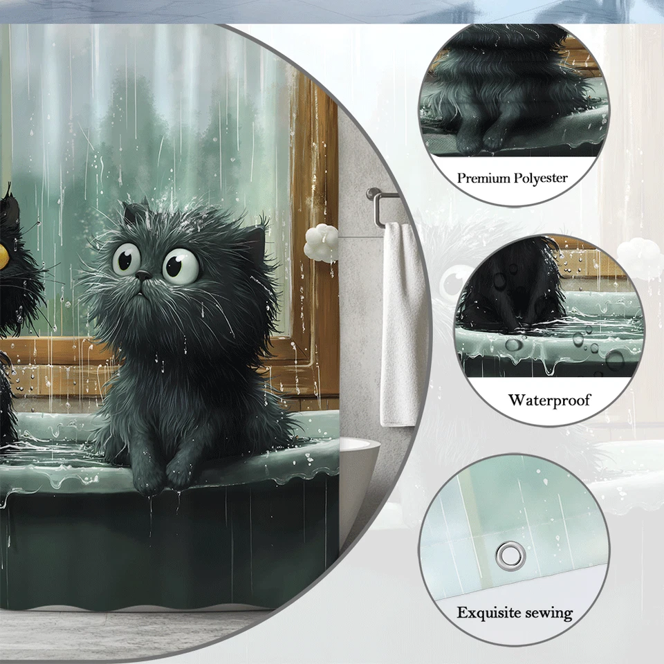 Divertida Cortina de Ducha Gatos Mojados, Lindos Gatitos Negros en Bañera, Baño de Dibujos Animados D Foto 4 de 4