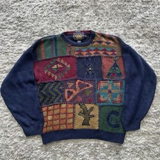 VINTAGE Chaps Ralph Lauren CRL Patchwork Tribal Aztec Cactus Hand Knit Sweater