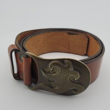 1970  s D Duncan Laurie Brass Vintage Belt Buckle with Flowers Leather Belt 36"