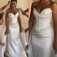 Elegant Mermaid Wedding Dresses Detachable Train Satin Pearls Sexy Bridal Gowns