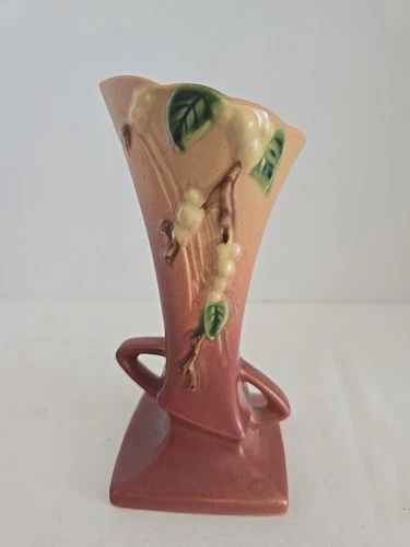Vtg Roseville Pottery Snowberry Dusty Rose Vase w Handles IVI-7 1947- 7 1/4"T