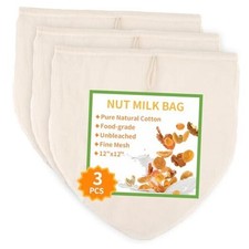 3 Pcs 12"x12" Nut Milk Bag, Natural Unbleached Cotton Cheese Cloth 12x12 Inch