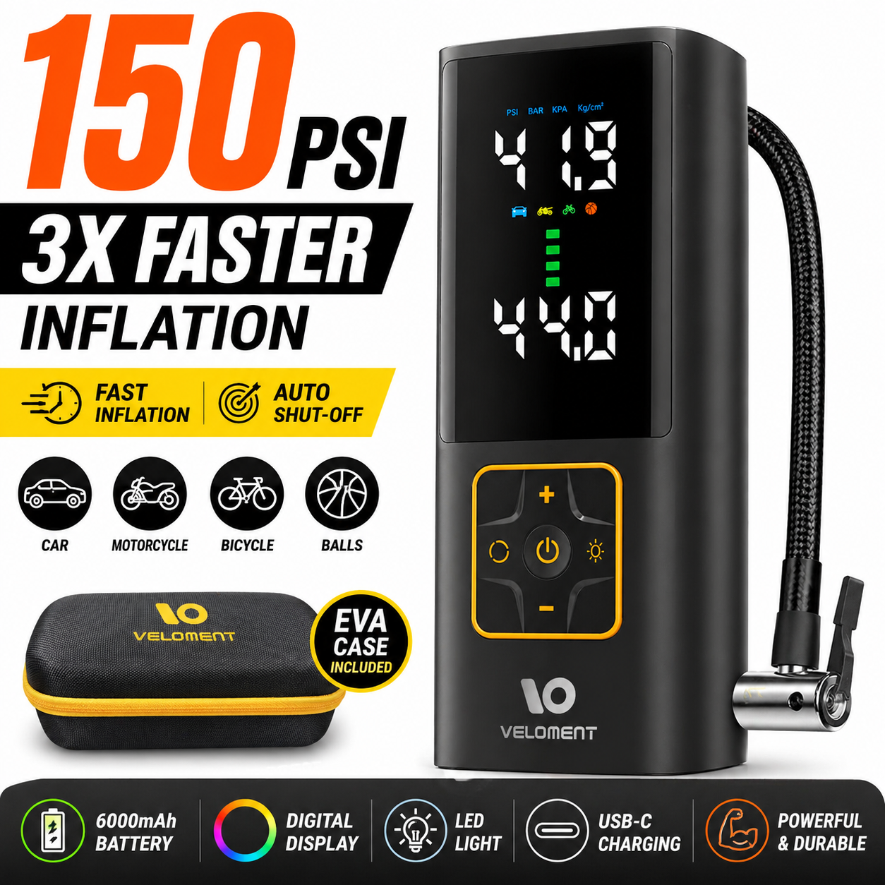 P044 Pro portable tire inflator 150 PSI cordless air compressor with color display