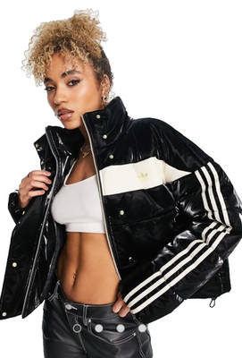 adidas Originals Ski Chic Logo Puffer Jacket in Glossy Black Women's Size S