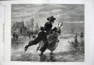 Original alter antiker Druck Internationale Ausstellung 1862 Eislaufen Seeland