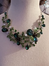 Green Blue Butterfly Crystal Adjustable Necklace Earrings Set Silver Tone
