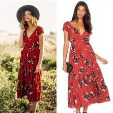 Free People Dress Womens 4 Maxi All I Got Botanical VNeck Tiered Floral Red