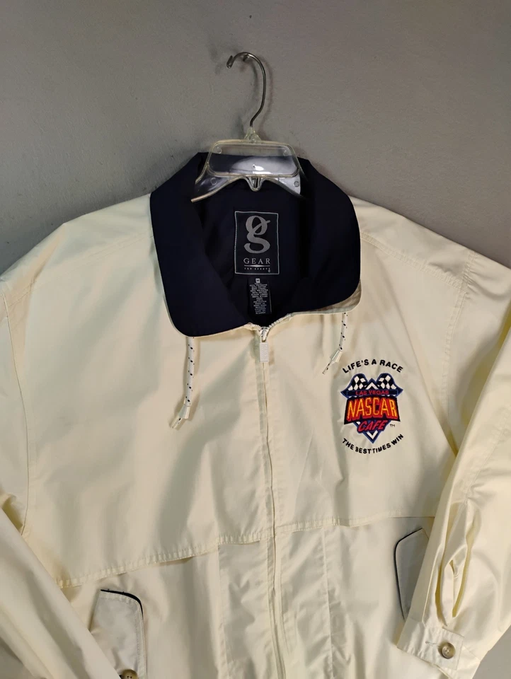 Chaqueta cortavientos vintage NASCAR mediana blanca Las Vegas café cremallera completa informal Foto 2 de 4