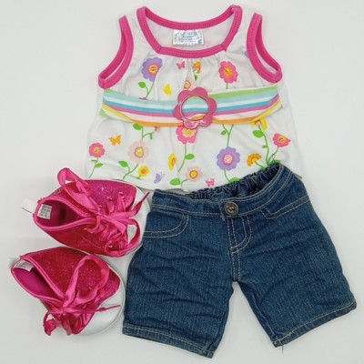 Build a Bear Flower White Shirt Jean Pants Glitter Pink Sneakers 2014-2018 BABW