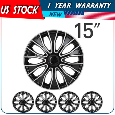 Full 4 Pcs Black & Silver Hub Caps Rim 15 inch Wheel Cover For All Makes Models