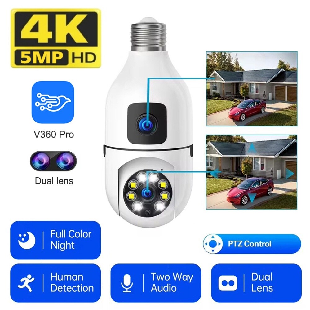 5MP Dual Lens Light Bulb Camera WiFi Wireless Home Security IR Night Vision
