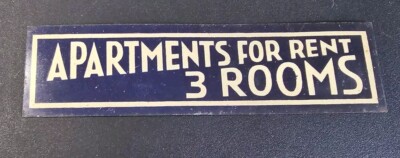 Vintage Rental Sign ''Apartments For Rent 3 Rooms'' Metal 8.75'' × 2.25'' Navy & Tan