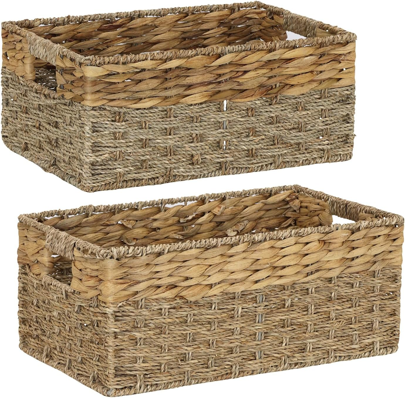 2-Pack Woven Storage Baskets with Handles in 2 Sizes - Hyacinth & Seagrass