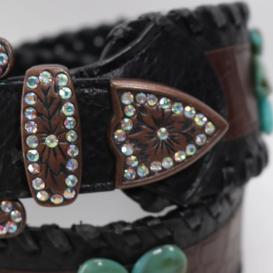 Cinturón de cadera Western Bling ML cuero marrón borde de punto de látigo imitación turquesa grueso Foto 3 de 4