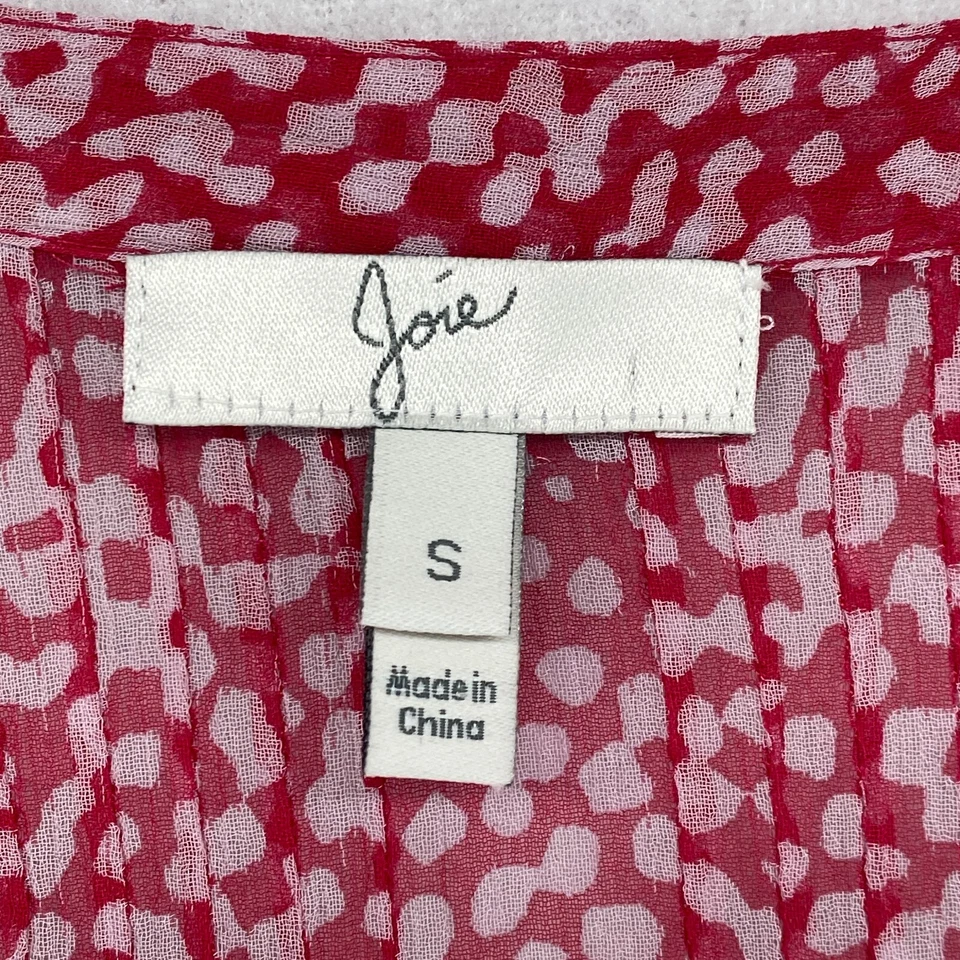 JOIE Top S Silk Chiffon Print Blouse Sheer Pintuck Button Front 3/4 Sleeve Pink - Image 4 of 4