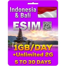 Indonesia Bali eSIM | 5 Days to 30 Days | 4G/5G 1GB per day + Unlimited 2G