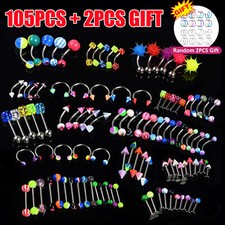 105Pcs Body Piercing Kit Nose Eyebrow Belly Ring Ear Lip Tongue Stud 14G 16G 18G