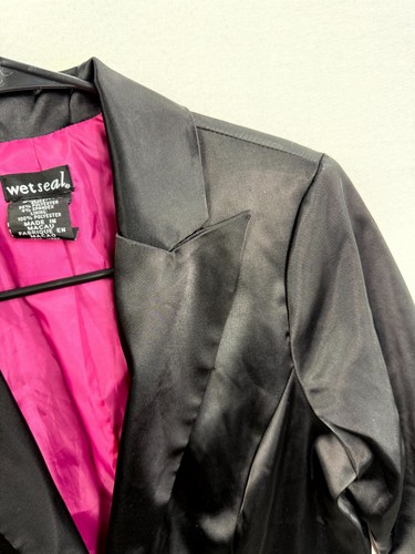 Wet-Seal Blazer Jacket Women Medium Black Lined Satin Peak Lapel Single-Breasted - Picture 3 of 6
