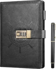 Black Journal with Lock, Refillable Faux Leather Lock Diary Notebook Planner