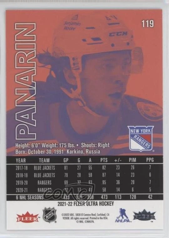 2021-22 Upper Deck Fleer Ultra Rainbow Foil Artemi Panarin #119 - Image 2 of 2
