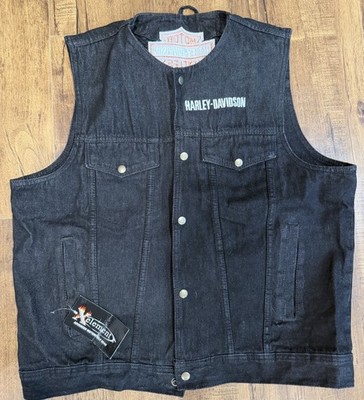 Xelement Black Denim Vest Button Up Motorcycle Biker Custom Embroidered Men s XL