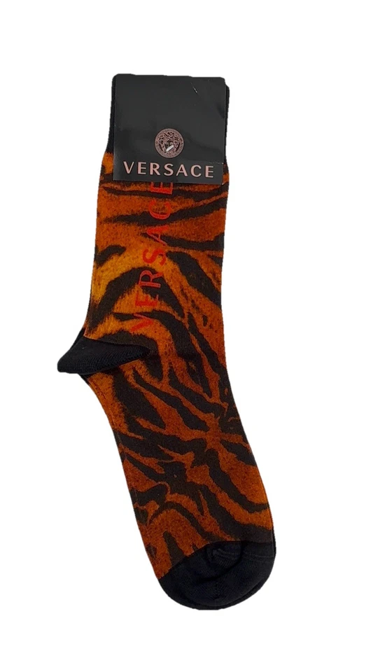 Meias Versace logotipo estampa de tigre laranja preto tamanho M Itália designer de luxo novas - Imagem 2 de 4